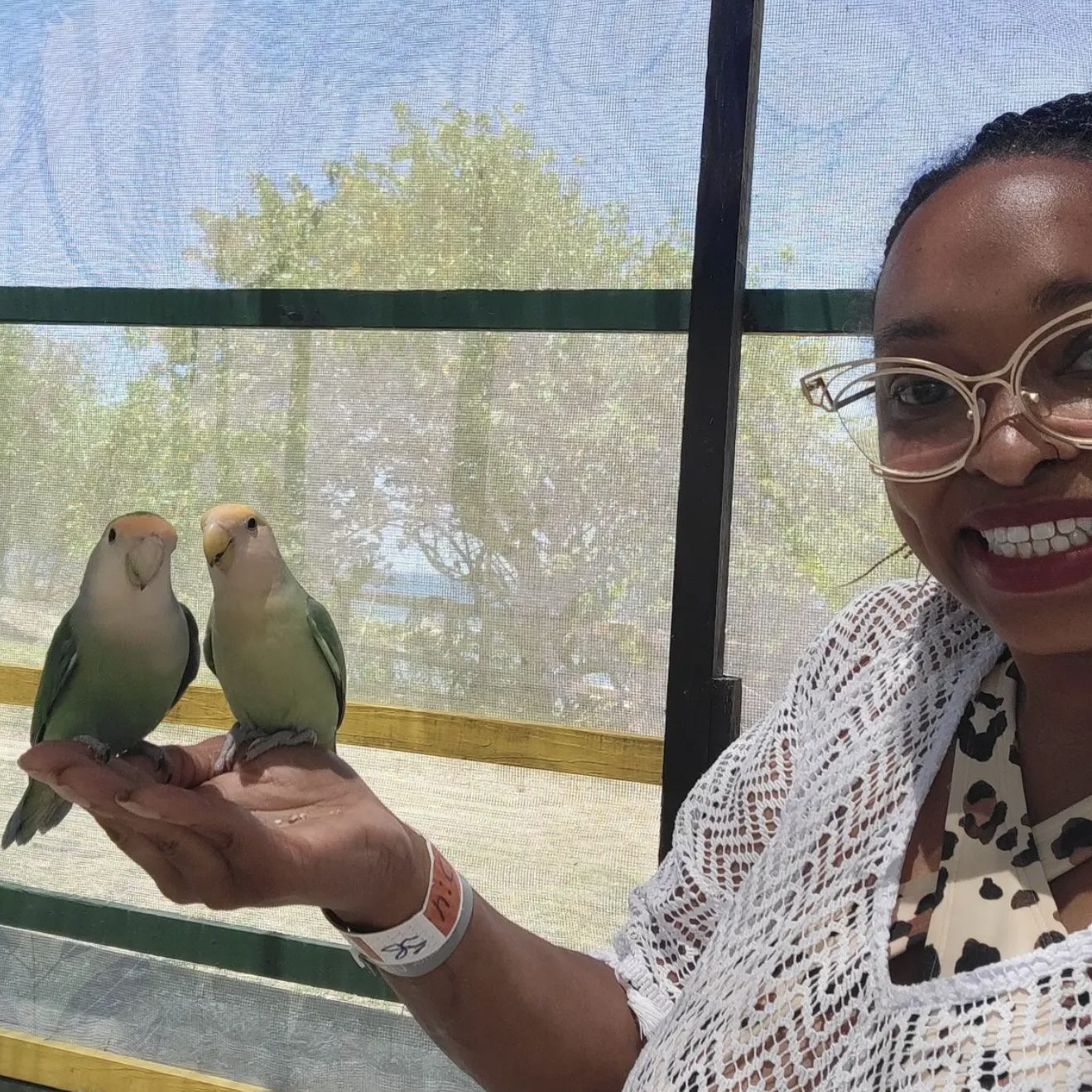 Bre Hart - Owner of You Can Leave Pet Sitting Services in North Austin, Texas Person holding two colorful lovebirds on their hand, smiling in a bright outdoor setting.